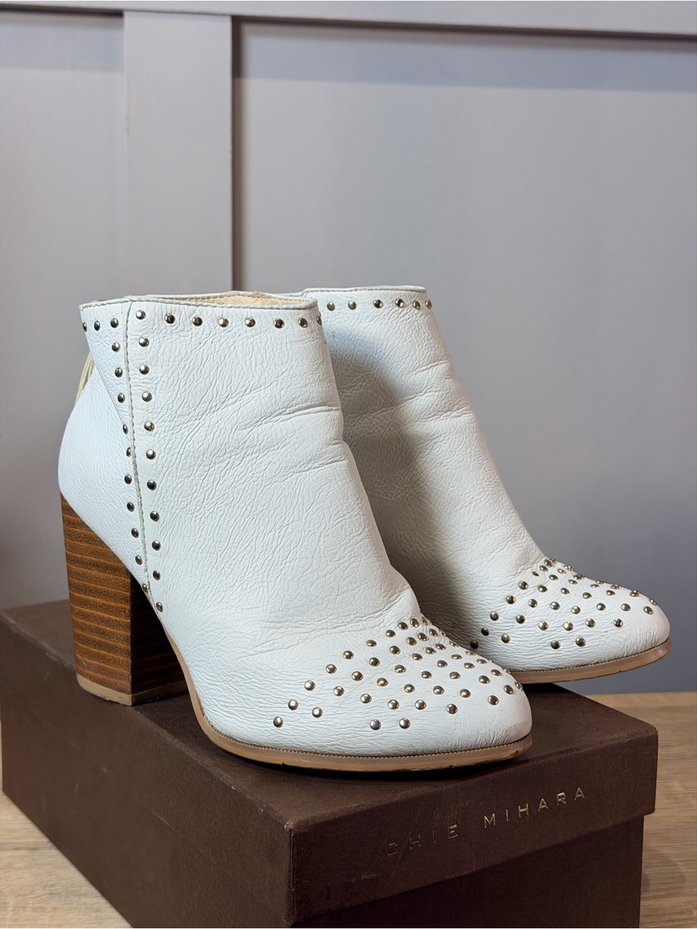 White Studded Faux Leather Western Ankle stud embellishments Boots 8